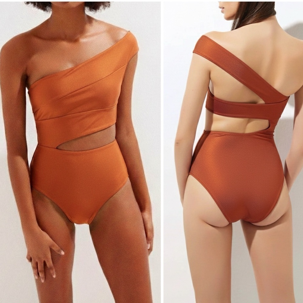 NWT Oye Veronique One Piece Swimsuit One Shoulder Cut Out Copper Sz L